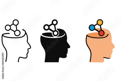 Open Mind Icon. Open mind icon filled with layered molecules symbolizing focus and clarity, first in line style with thin outline,