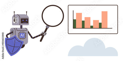 Robot labeled AI holding magnifying glass near bar graph, symbolizing analysis and cybersecurity. Ideal for innovation, data analysis, automation, technology, research, AI protection. Simple flat