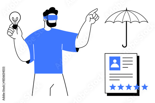 Man wearing virtual reality headset holding lightbulb, pointing at umbrella and star rating document. Ideal for VR technology, innovation, creative thinking, security, insurance, rating systems