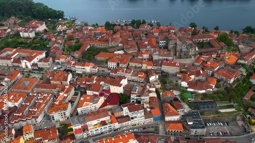 Aerial panorama view from the old town of the city Tui on an overcast summer afternoon in Spain