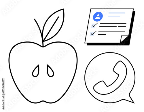 Apple fruit outline, checklist with profile, and phone icon in speech bubble. Ideal for health, communication, organization, productivity, personal growth, telecommunication and customer support