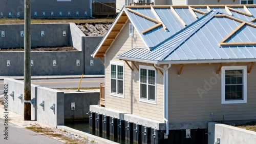 Medium shot capturing mixed storm hardening techniques combining flood barriers and windresistant structures in a suburban area.