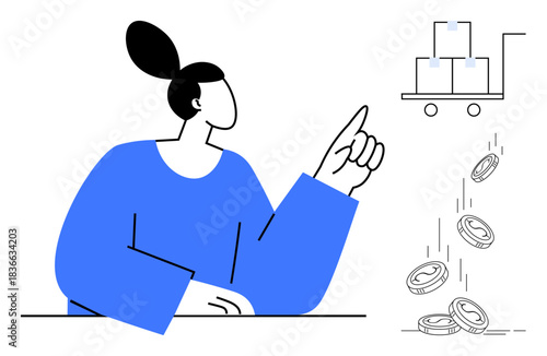 Business finance, logistics, shipping, resource management, investment, e-commerce. Woman pointing at coins and stacked boxes on a trolley. Business finance and logistics concept