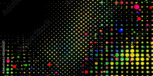 Abstract halftone circle pattern vector illustration with colorful disco lights technology design backdrop