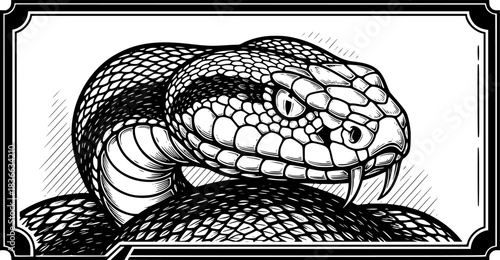 A vintage-style woodcut engraved etching featuring the head of a snake
