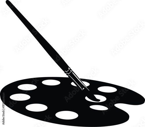 Black and silhouette icon of an artists paint palette with a paintbrush resting it