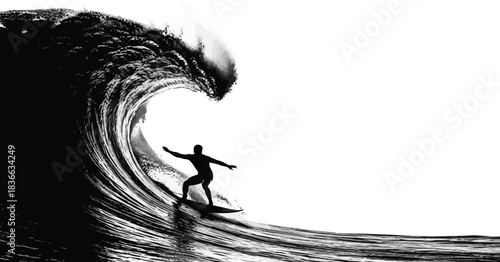 Dramatic black and silhouette of a surfer riding a massive, curling ocean wave against a stark