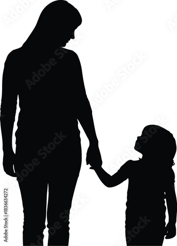 Silhouette of mother holding hand of small child, symbolizing family bond and guidance