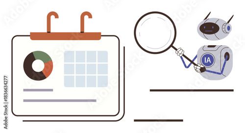 Robot holding magnifying glass examines calendar with pie chart and grid layout. Ideal for AI, workflow automation, data analysis, machine learning, calendar planning, scheduling, productivity tools