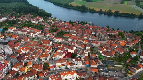 Aerial panorama view from the old town of the city Tui on an overcast summer afternoon in Spain