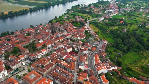 Aerial panorama view from the old town of the city Tui on an overcast summer afternoon in Spain