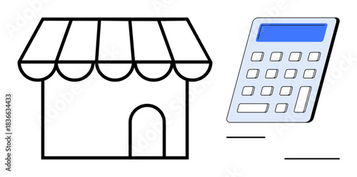 Small business, accounting, budgeting, finance, retail, calculations. A storefront icon next to a digital calculator. Small business and accounting concept for planning and operations