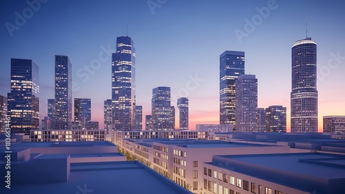Modern City Skyline at Twilight with Illuminated Skyscrapers and Urban Buildings
