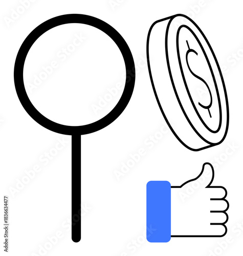 Financial approval. Magnifying glass, coin with dollar symbol, and thumbs up icon reflecting financial analysis, trust, and approval. For business, finance apps, e-commerce marketing banking
