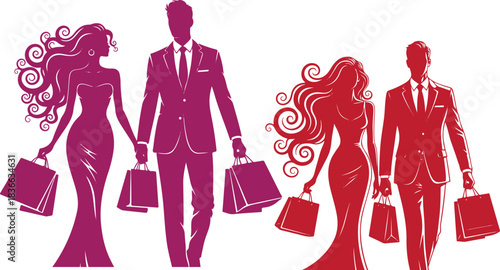 Stylish couples walking with shopping bags in elegant silhouettes against on transparent background