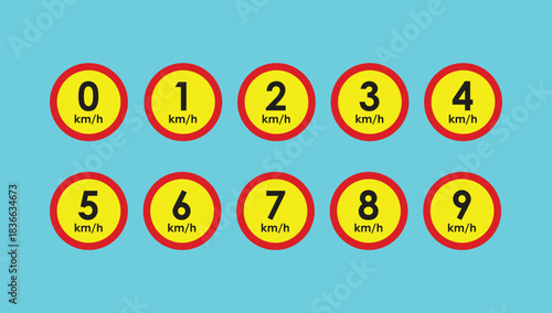 Speed limit road sign 0, 1, 2, 3, 4, 5, 6, 7, 8, 9  km h icon set vector design illustration.eps