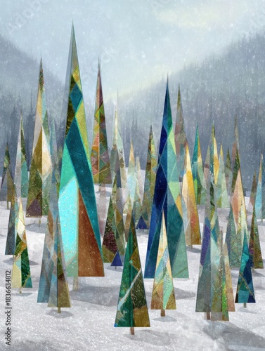 Abstract Shapes Fill a Snowy Forest in Winter With Christmas Trees Made of Triangles and Various Sizes