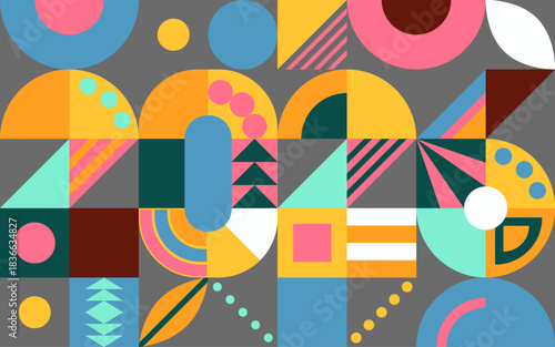 2026 New Year design. Geometric colorful shapes numbers, numerals. Abstract background, pattern. Flat vector illustration. Retro holiday card, banner, poster, decor element.