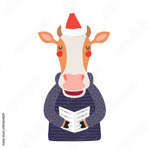 Cow in sweater singing Christmas carols isolated on transparent. Hand drawn flat vector illustration. Cute cartoon character. Traditional Christmas, New Year design element, clip art