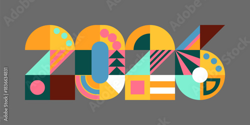 2026 New Year design. Geometric colorful shapes numbers, numerals. Abstract background, pattern. Flat vector illustration. Retro holiday card, banner, poster, decor element.