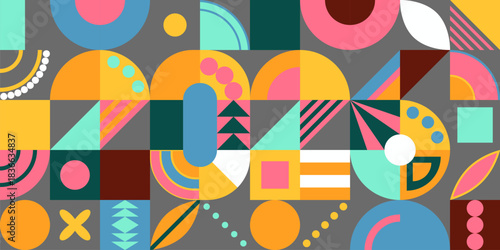2026 New Year design. Geometric colorful shapes numbers, numerals. Abstract background, pattern. Flat vector illustration. Retro holiday card, banner, poster, decor element.