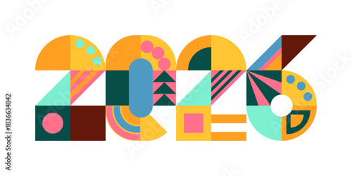 2026 New Year design isolated on transparent background. Geometric colorful shapes numbers, numerals. Abstract pattern. Flat vector illustration. Retro holiday card, banner element, clip art