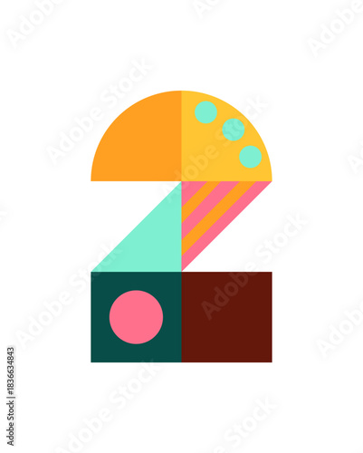 Number, numeral 2 design, isolated on transparent background. Flat vector illustration with geometric colorful shapes, abstract pattern. 2026 New Year retro holiday element, clip art