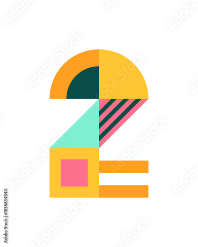 Number, numeral 2 design, isolated on transparent background. Flat vector illustration with geometric colorful shapes, abstract pattern. 2026 New Year retro holiday element, clip art