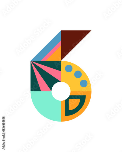Number, numeral 6 design, isolated on transparent background. Flat vector illustration with geometric colorful shapes, abstract pattern. 2026 New Year retro holiday element, clip art