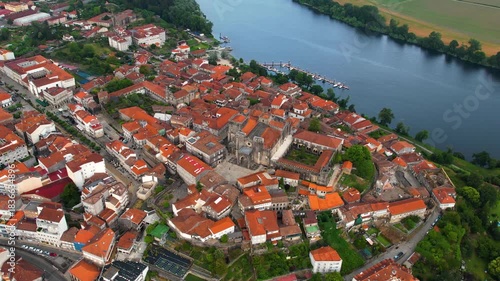 Aerial panorama view from the old town of the city Tui on an overcast summer afternoon in Spain