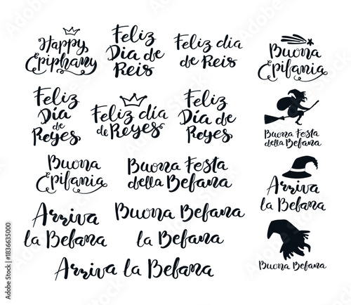 Three Kings Day, Happy Epiphany Spanish, Italian, Portuguese hand lettering quotes set, isolated on transparent. Hand drawn vector illustration. Seasonal design elements, holiday clip art set