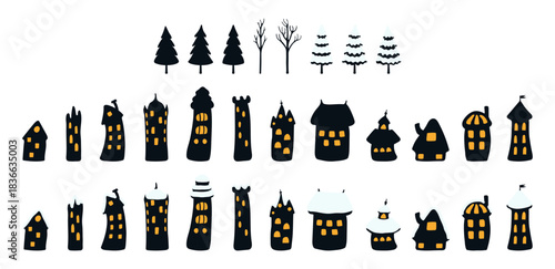 Houses covered with snow, winter trees isolated collection. Hand drawn flat vector illustration. Traditional Christmas, New Year, winter, seasonal design element, holiday clip art set