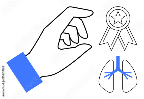 Healthcare, recognition, awards, achievements, medical research, respiratory health. Black outlined hand gesture with a badge and lung diagram. Healthcare and recognition concept