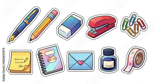 Adorable illustrated set of stationery items. Cute icons of office and school supplies like a pen, notebook, and washi tape for creative projects