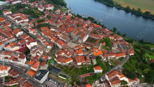 Aerial panorama view from the old town of the city Tui on an overcast summer afternoon in Spain