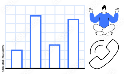 Business analytics, mindfulness, work-life balance, communication, corporate productivity, stress management. Bar chart, meditating figure phone icon. Business analytics and mindfulness concept