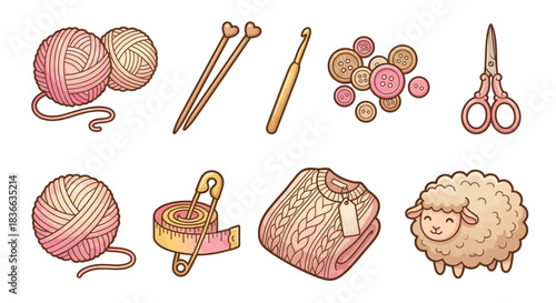 Knitting and Crochet Craft Supplies Icon Set with Yarn, Needles, Scissors, and More, Illustrated