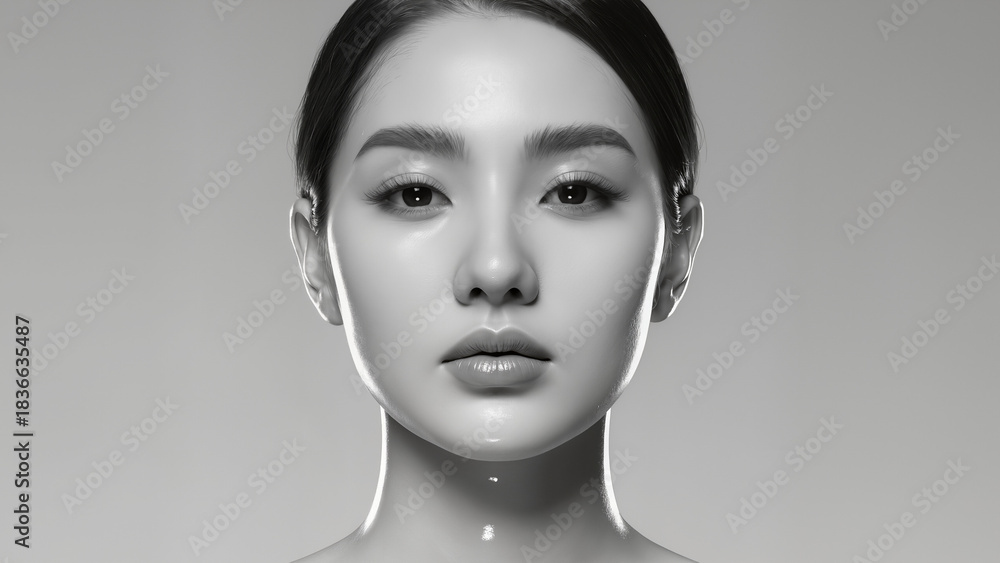 Fototapeta premium Minimal Black and White Beauty Portrait of Young Woman with Perfect Smooth Skin