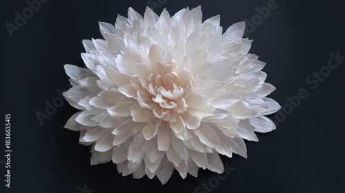 A large white flower displays layers of soft petals with fine details. Its design highlights natural elegance, set against a contrasting dark backdrop that enhances its beauty.