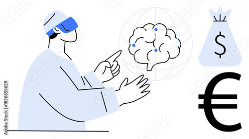 Person in VR headset interacting with AI brain network, highlighting euro currency and financial themes. Ideal for AI innovation, technology, fintech, virtual reality, neuroscience, education