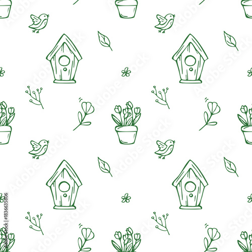 Spring seamless pattern of easter outline doodles
