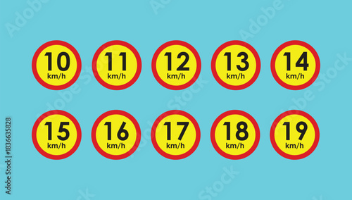 Speed limit road sign 10, 11, 12, 13, 14, 15, 16, 17, 18, 19 km h icon set vector design illustration