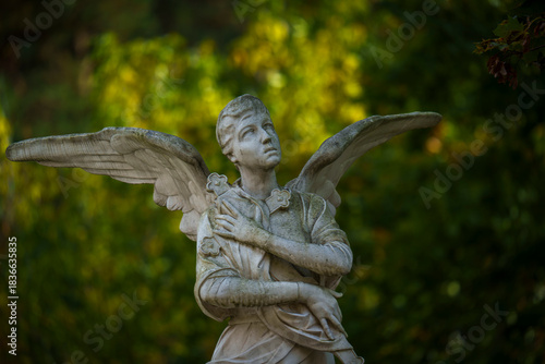 Marble angel statue in autumn park
