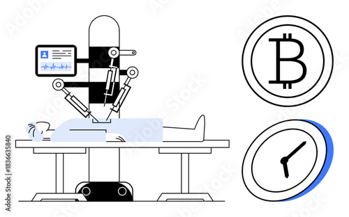 Robotic technology, blockchain, digital currency, medical innovation, future technology, time management. Robot performing surgery beside blockchain and clock symbols. Robotic technology