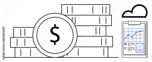 Financial planning, data analytics, investment strategies, market trends, cloud storage, fintech. Stacked coins with a dollar symbol, cloud and analytical chart. Financial planning and data