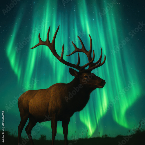 Majestic elk standing under vibrant green northern lights in night sky for wildlife nature and aurora borealis landscape photography