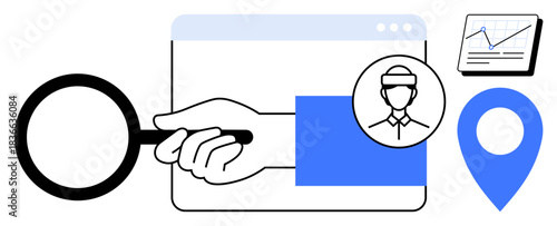 Hand holding magnifying glass over browser window, user avatar, analytics graph, and location pin. Ideal for search, data analysis, technology, research, user targeting location business insight