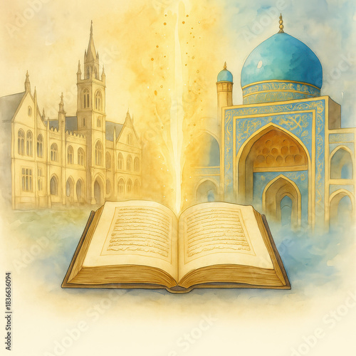Open illuminated book with glowing light rising between cathedral and mosque architecture for spiritual knowledge faith and cultural harmony theme