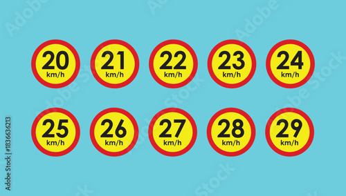 Speed limit road sign 20, 21, 22, 23, 24, 25, 26, 27, 28, 29 km h icon set vector design illustration