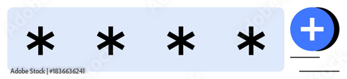 Password concept. Password entry with concealed characters and a plus icon indicating addition or security feature. Passwords ensure secure access to digital platforms. For cybersecurity, apps, tech